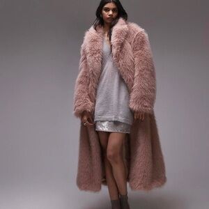 Topshop Pink Faux Fur Long Coat